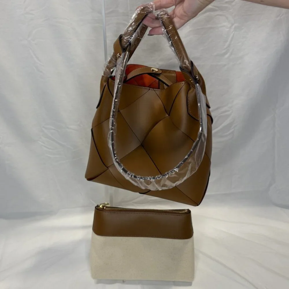 Caramel Woven Leather Bucket Bag, Loop Handles, Removable Shoulder Strap, NWOT - Picture 3 of 16